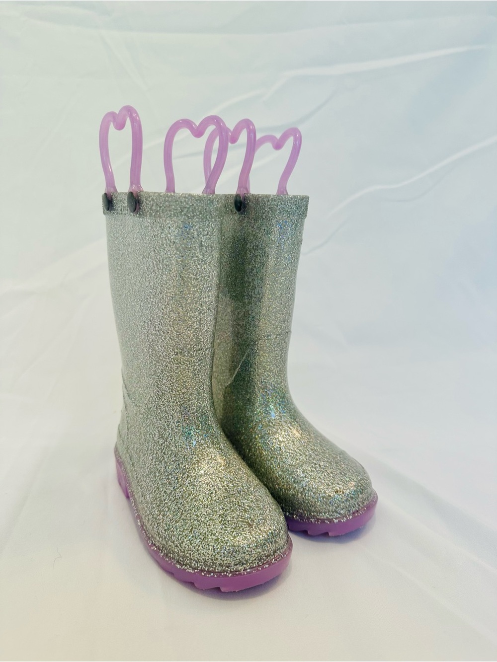 Western Chief Light Up Silver Glitter Kids Rain Boots with Purple Handles